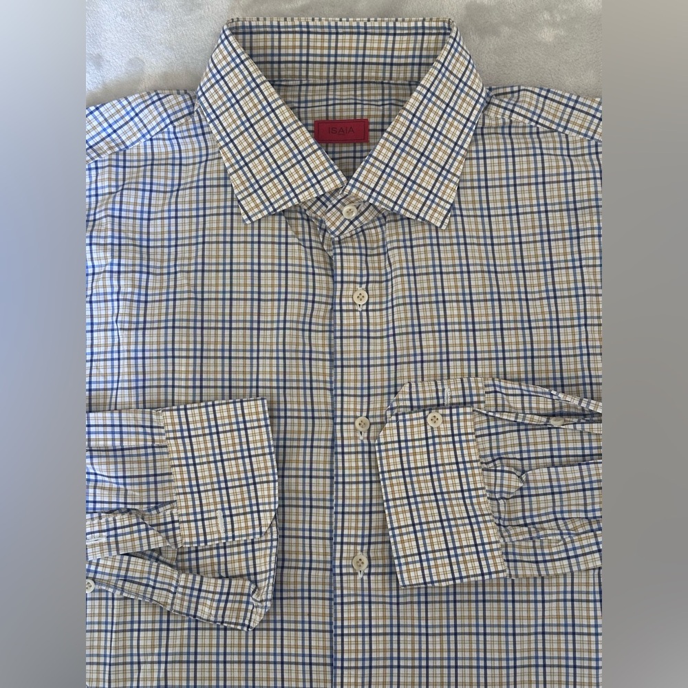 Isaia Napoli Multicolor Check White Yellow Blue Men's Dress Shirt Size 18/45